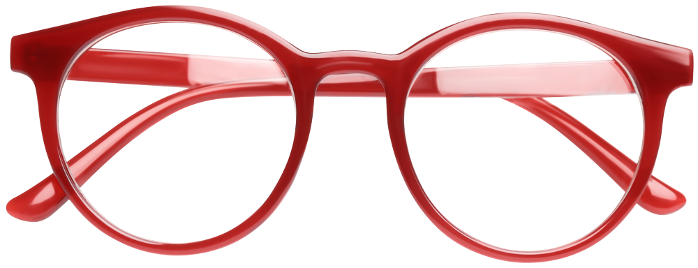 Eine stilvolle Brille mit rundem Rahmen, kräftigen roten Kunststoffrändern und transparenten Bügeln, die ein modernes, schickes Design präsentiert.
